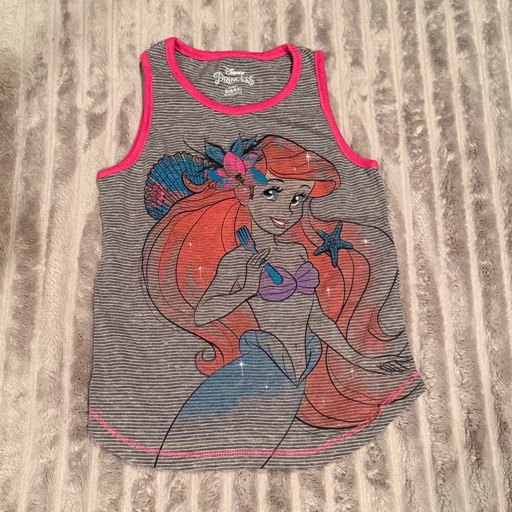 Disney Princess Little Mermaid Tank Top Girls Sz S (6/6X) Gray Striped Pink Trim